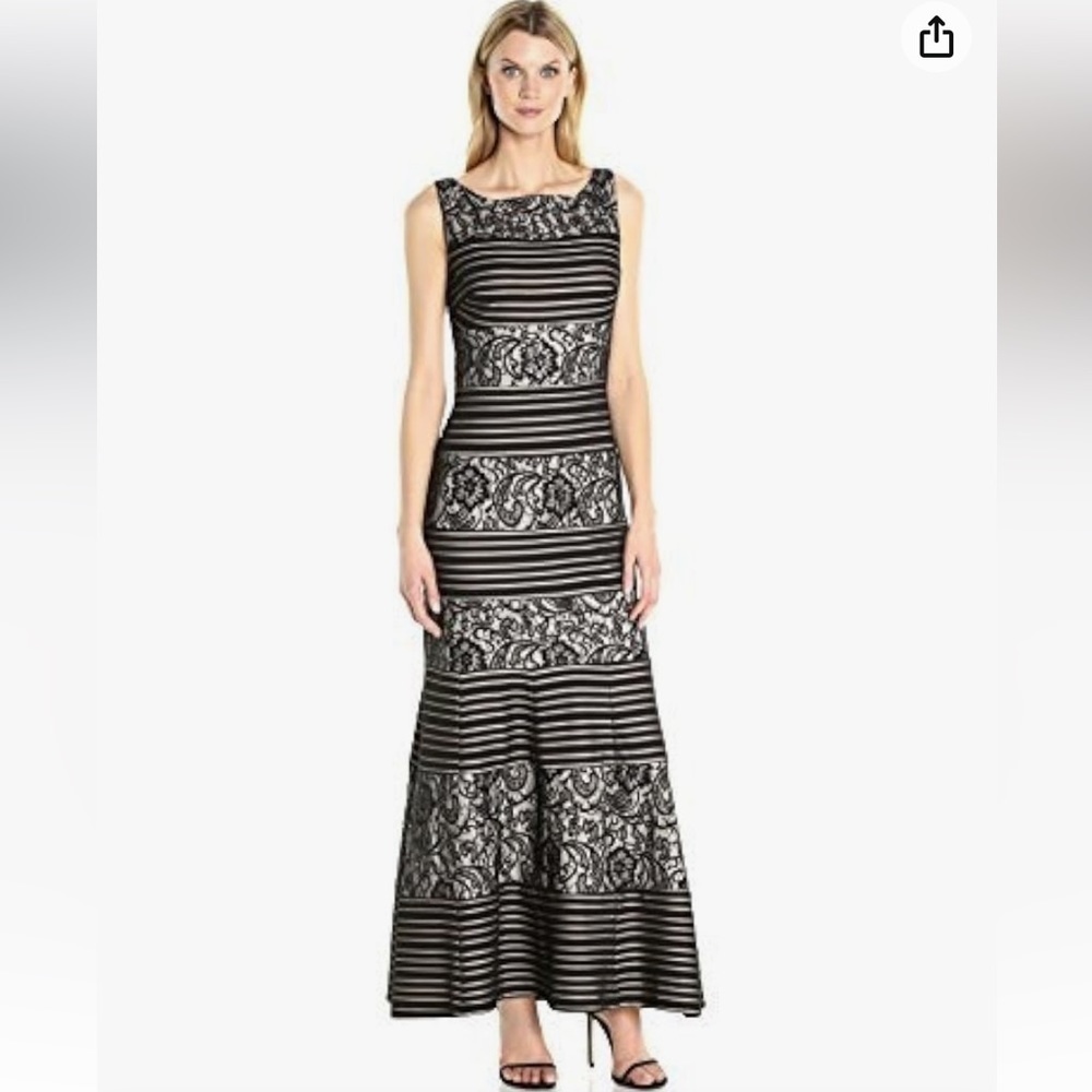 Sangría Sequined lace black tan sleeveless‎ fitted silhouette long dress Sz 4